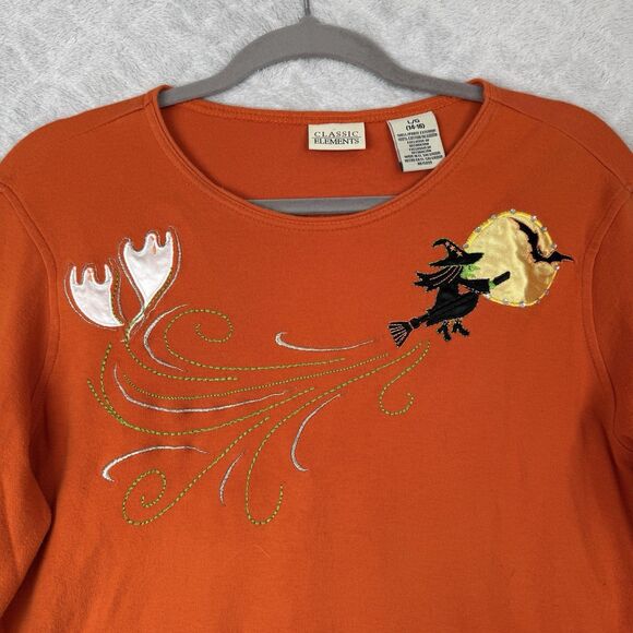 Vtg Halloween Long Sleeve Top Women Large Orange Embroidered Ghost Witch 90s Y2K - Picture 2 of 11